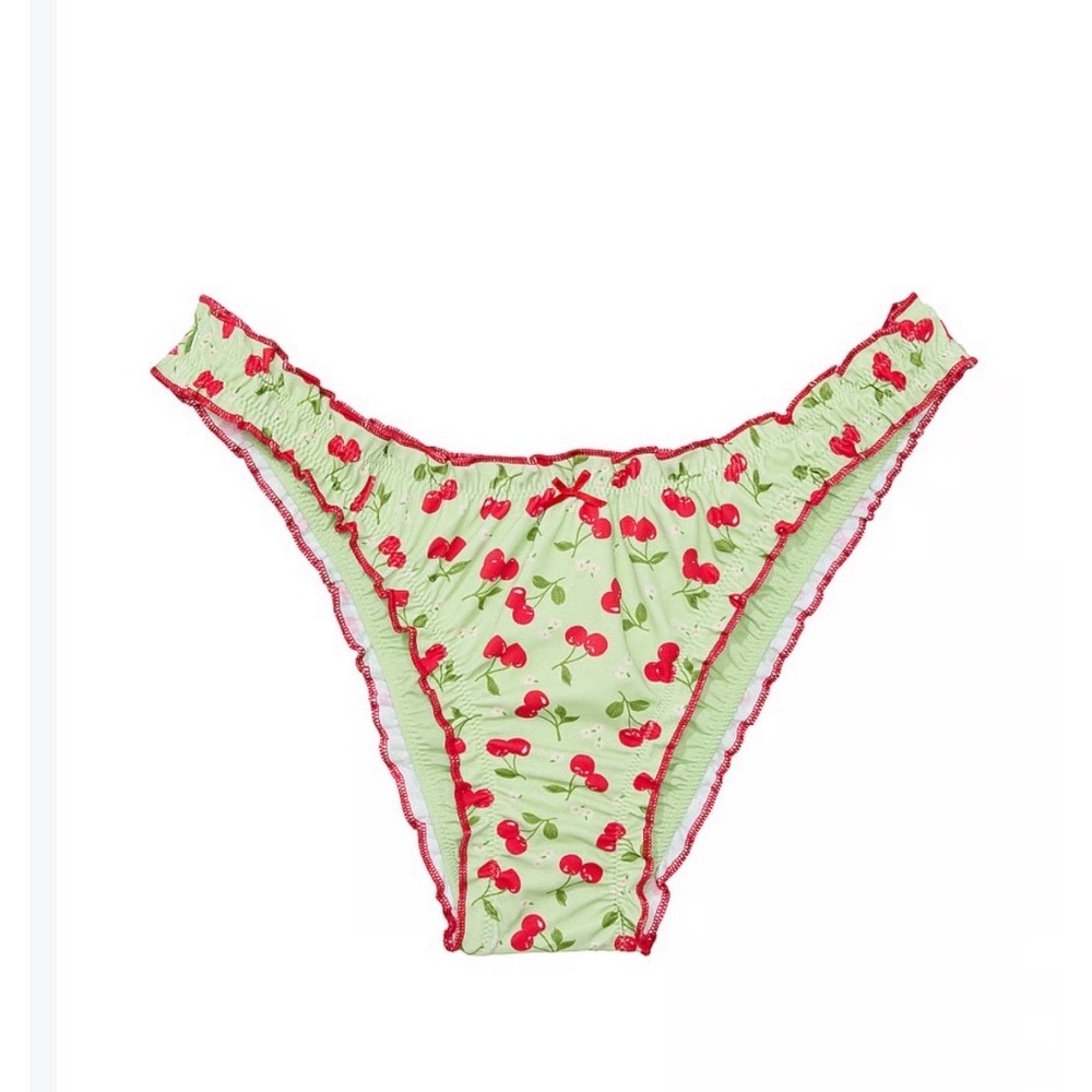 Frankies Bikinis Hudson Cheeky Bikini Bottom Cherry Hearts Green Ruffle Size M